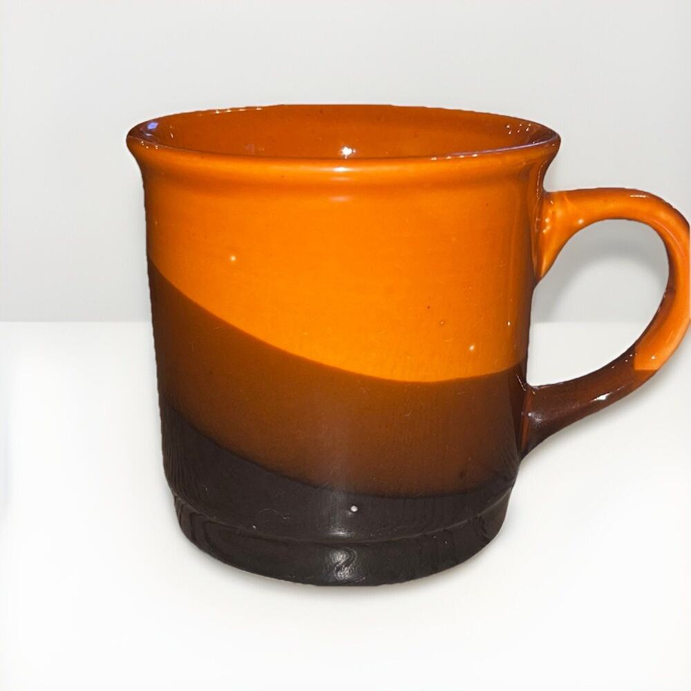 Rustic Vintage Tri-Color Brown Orange Slanted Striped Coffee Tea Mug 3 In